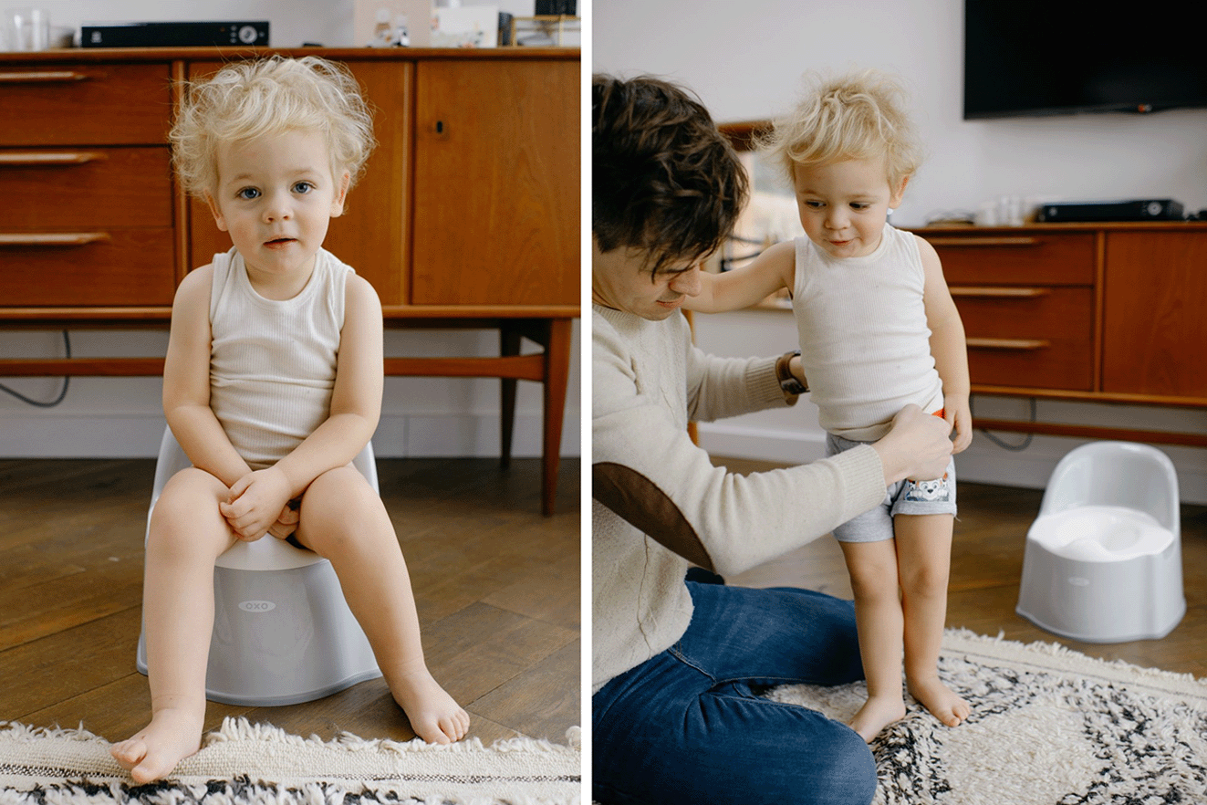 Enfant sur le pot et avec son père qui lui remet une couche